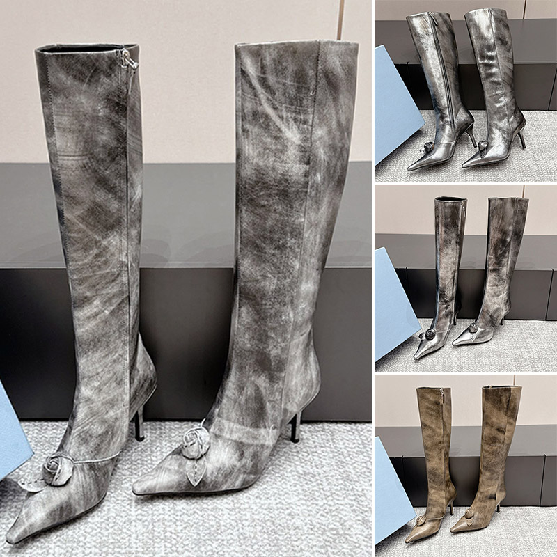 Womens Designer Vintage Grey Wash Knee High Boots Pointed Toe Thin High Heel Long Boots 3D Floral Decoration Side Zipper Party Genuine Leather Tall