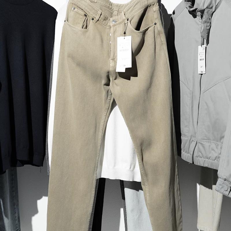 High-quality products Men's 100% Cotton Washed Denim Pants Straight Leg Casual Trousers Solid Color Mid Waist Button Fly No Stretch Four Season