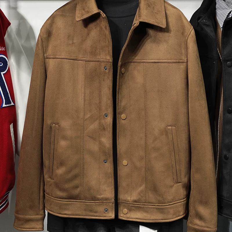 Design Seller Men's Faux Suede Slim Fit Jacket Solid Color Turn Down Collar Single Breasted Long Sleeve Multi Pocket Casual Streetwear Spring A