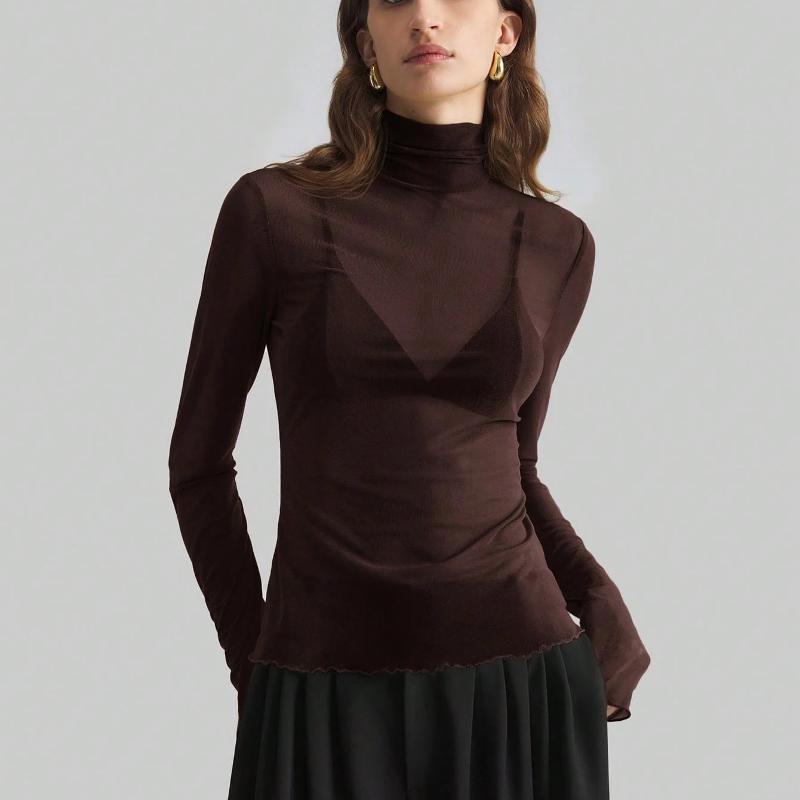 Designer Style High Quality Women's Solid Color Mesh Slim Fit Long Sleeve Mock Neck Blouse Elegant Commute Office Top Autumn Winter