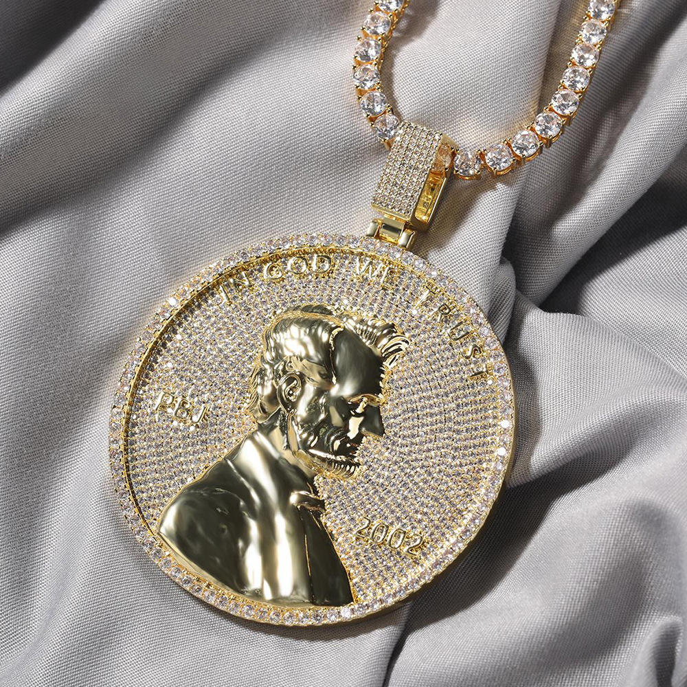 18K Gold Plated Iced Out Moissanite Lincoln Penny Coin Medallion Pendant, Hip Hop US Coin Round Charm Necklace Pendant for Men Wholesale