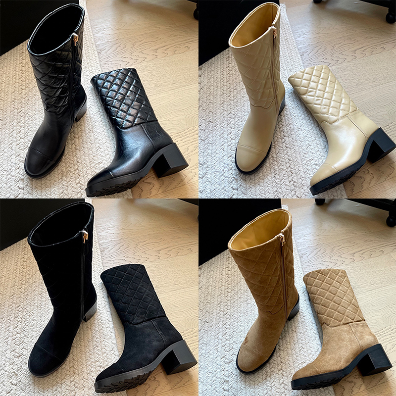 Lady Fashion Round Head Suede Mid Calf Boots Mesh Stitching Upper Boots Coarse Square Heel Autumn Winter Outfit Modeling
