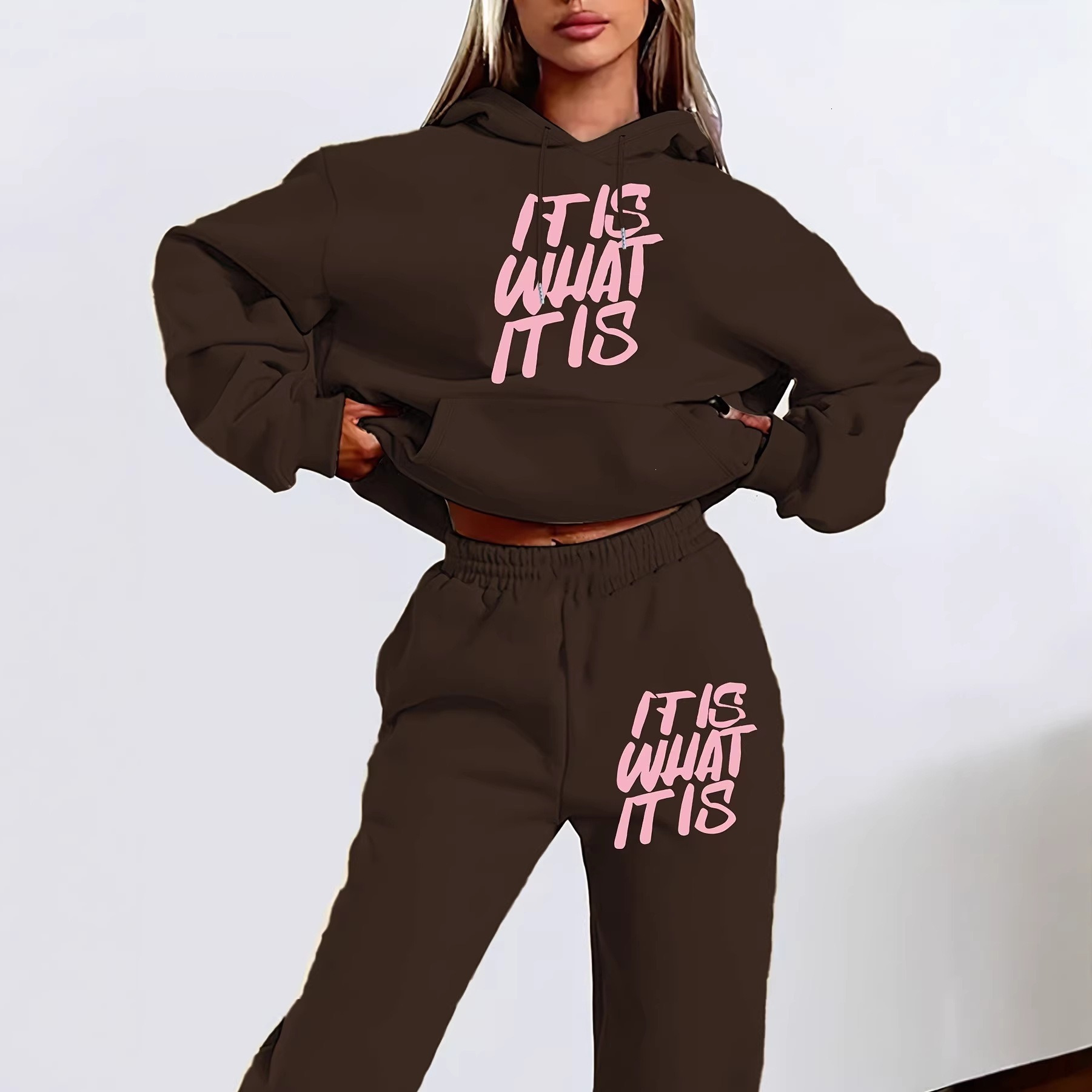 Letter printed minimalist women's hoodie set, autumn long sleeved hooded sweatshirt, European and American