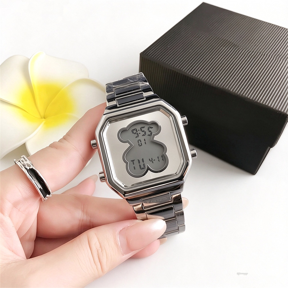 Hot Sale Fashion Women Men Simple Silver Rose Gold Stainless Steel Span Cartoon Animal Bear Crystal Clasp Chain Electronic Watch Bracelet Jewelry