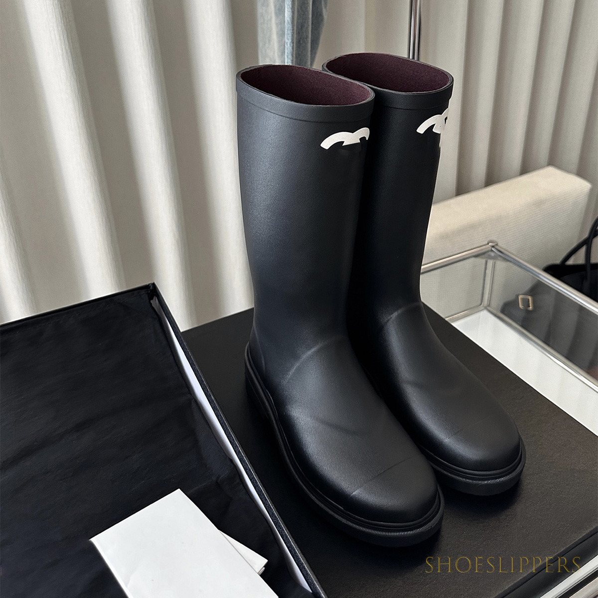 Designer Luxury Women Knee High Rain Boots White CC Logo Black Rubber Waterproof Tall Wellies Round Toe Non Slip Platform Fashion Rain Shoes For Out
