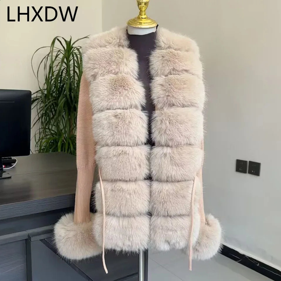 Women Knit Faux Fur Cardigan Spring Autumn Elegant Ladies Fashion Coat Knitted Sweater with Collar 260929