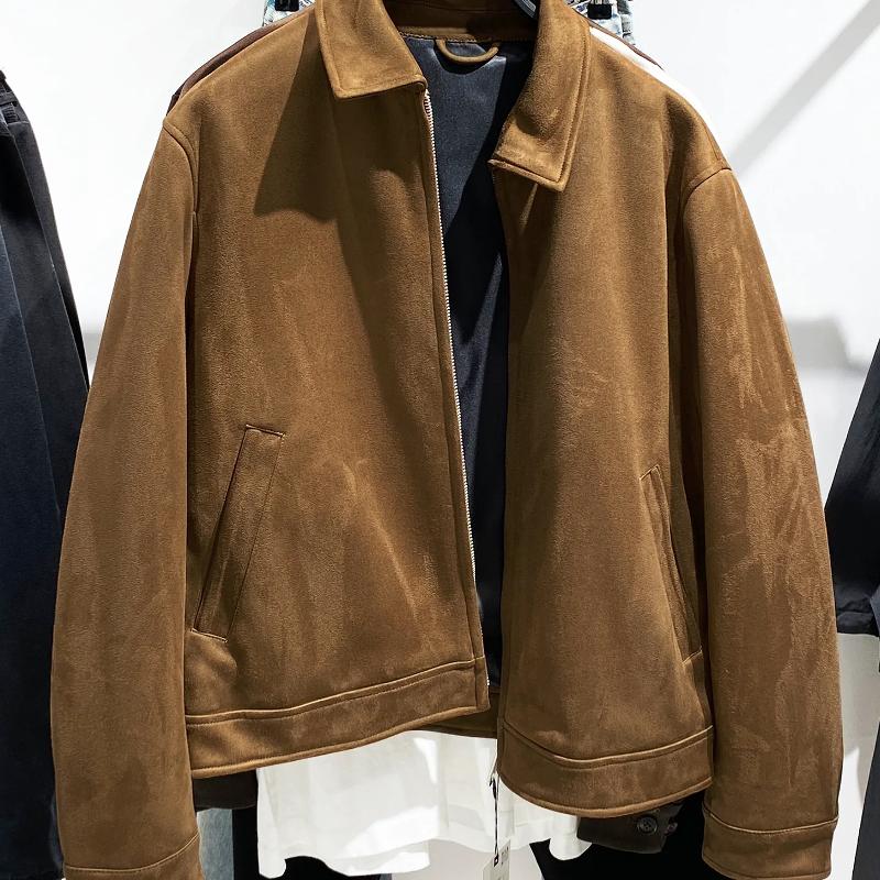 Designer Men's Faux Suede Jacket Slim Fit Zip Up Solid Color Long Sleeve Casual Fall Winter Outerwear Coat Black Brown
