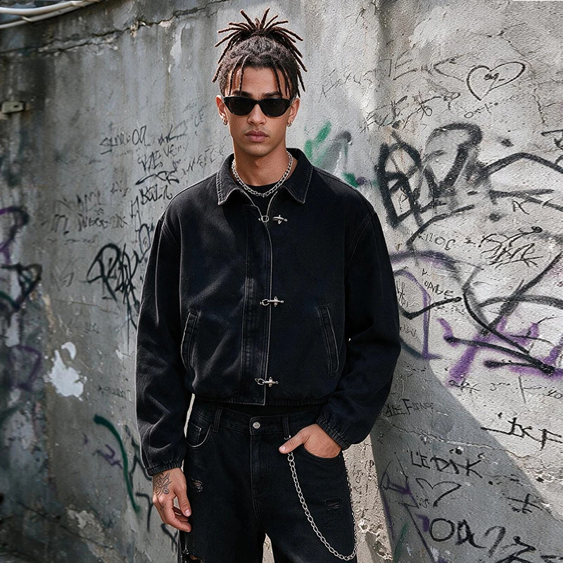 Men's Black Washed Denim Cropped Jacket Metal Buckle Zip n Loose Drop Shoulder Coat Vintage Hip Hop Streetwear Outerwear Fo 260929