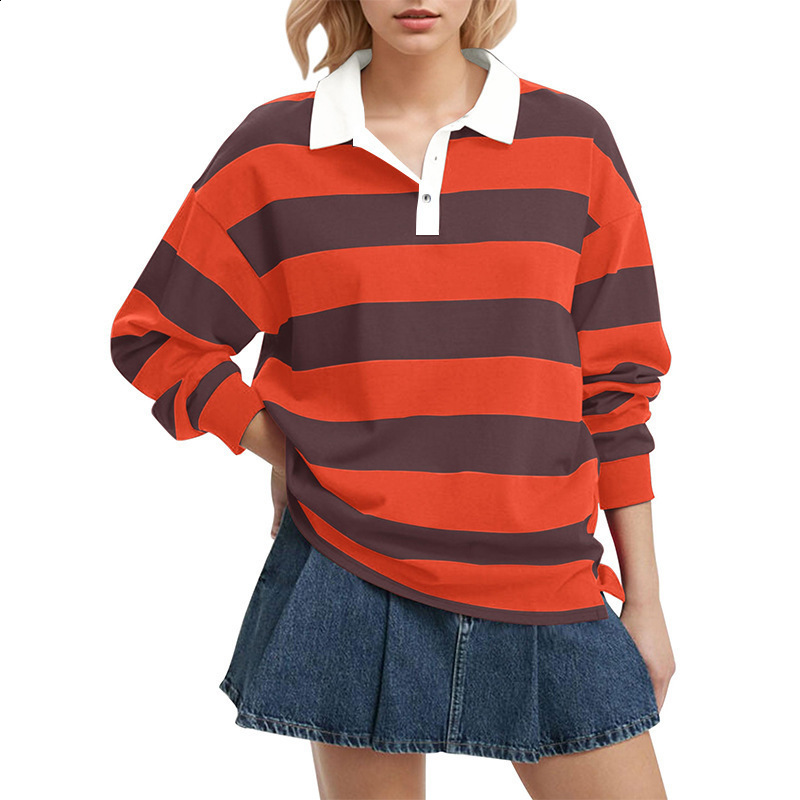 Minimally striped printed Womens collar Tshirt autumn business casual long sleeved top comfortable breathable loose collarTshirt 251016
