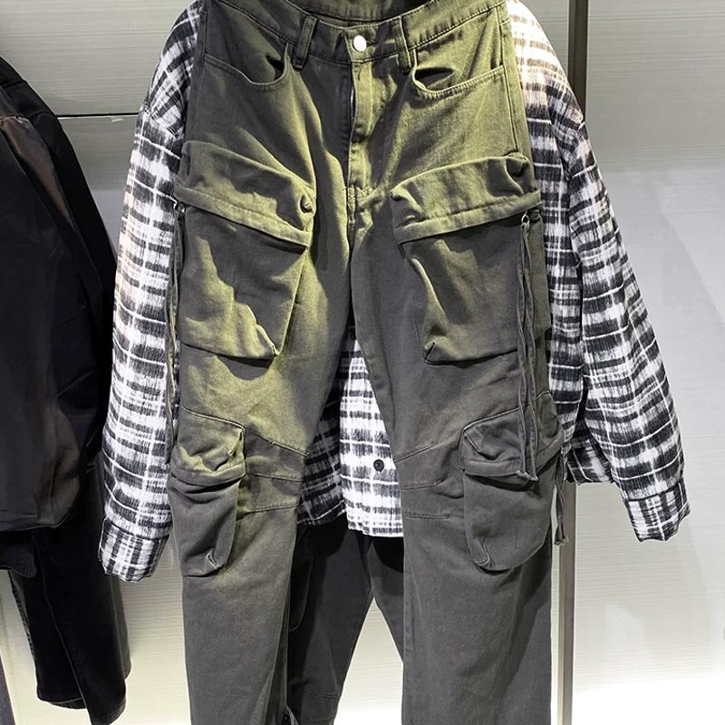 High-quality products Men's 100% Cotton Cargo Pants Loose Fit Straight Leg Multi-Pocket Washed Casual Workwear Trousers Spring Autumn Army Gree