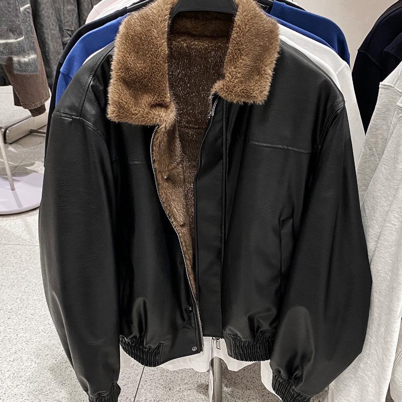 Design Seller Veste d'hiver réversible en simili cuir pour homme, doublure en fausse fourrure, épaisse et chaude, coupe ample, fermeture éclair,