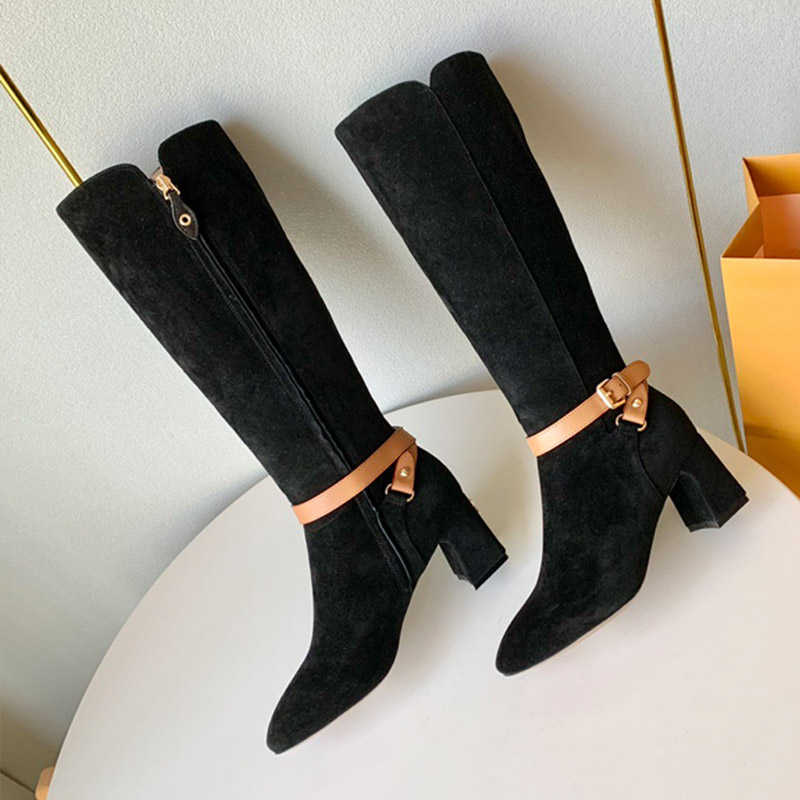 boot woman designer block heel knee high point toe zipper buckle leather luxury comfortable black beige gold work office city vintage retro modern c