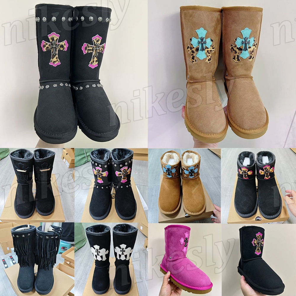 Designer Boot Australia Womens Snow Boot Warm Winter Boots Chestnut Black lassic Rivet Decor Cross Embroidered Short Boot Ankle Half Chrome Boot