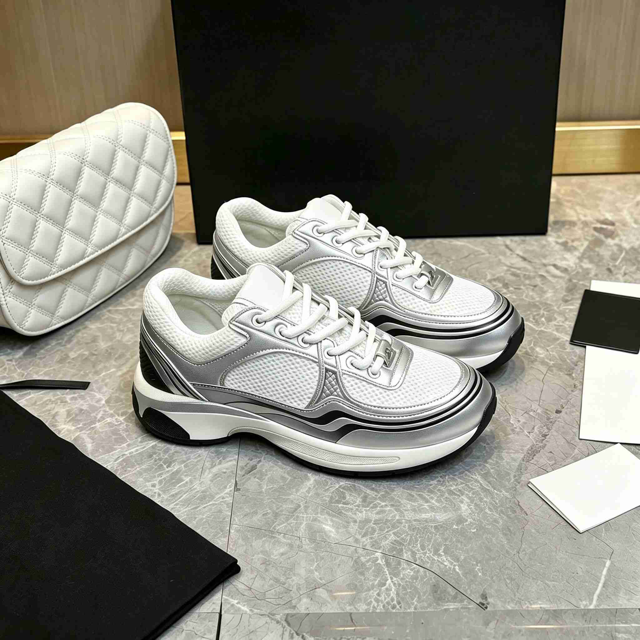 Designer Luxury Women White Silver Mesh Chunky Sneakers 23C Metallic Leather Patch CC Logo Low Top Running Shoes Thick Sole Height Increasing Casual