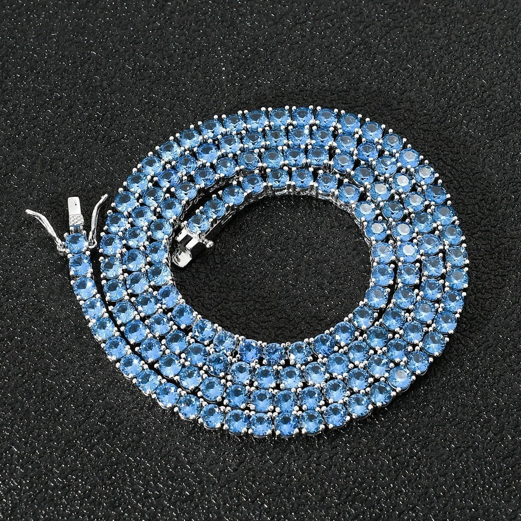 4MM Iced Out Blue Round VVS Moissanite Tennis Chain, 925 Sterling Silver Tennis Necklace for Men Women, Hip Hop Fine Jewelry Wedding Party Gift