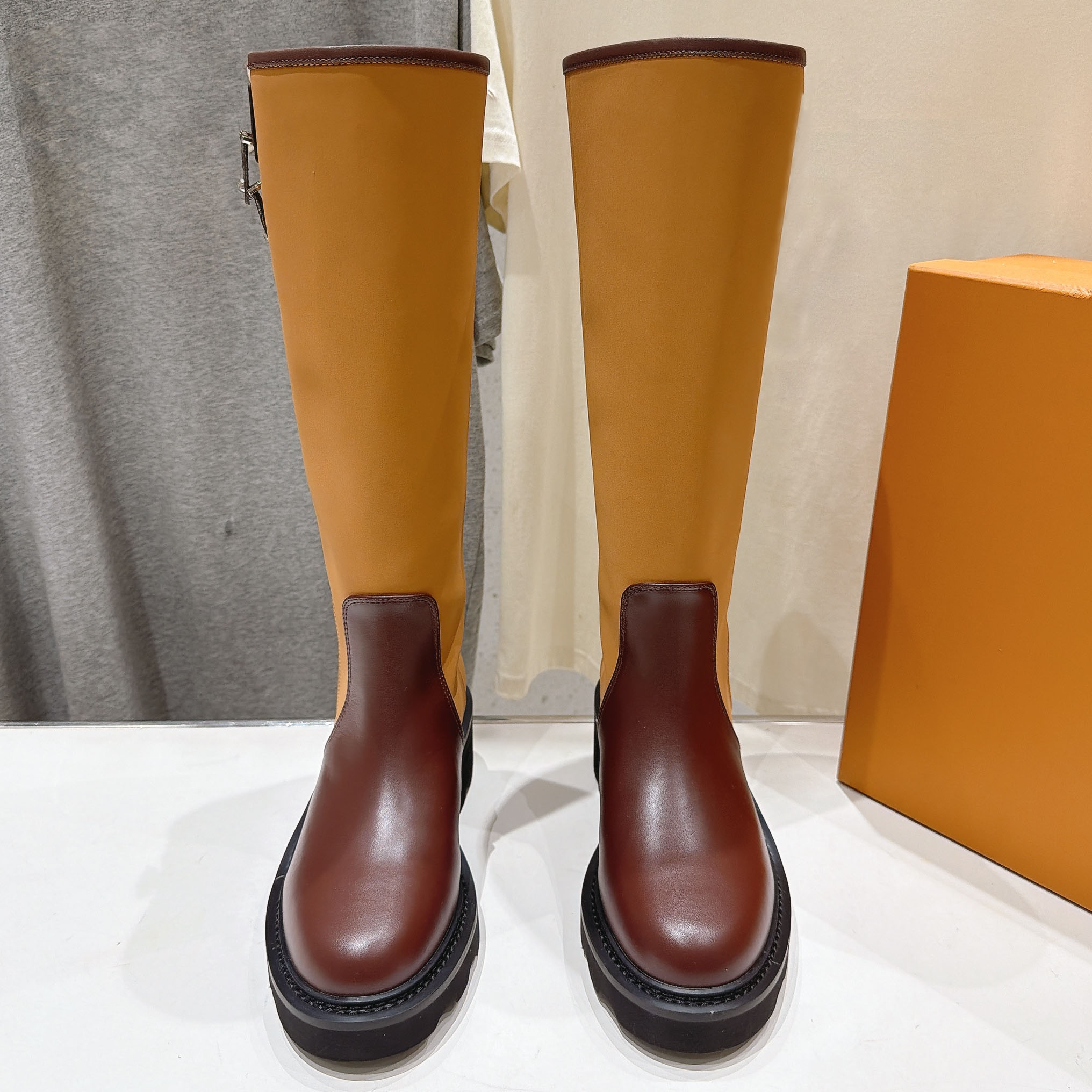 Women Color Block Knee High Martin Boots Vintage British Tall Leather Boots Side Zipper Platform Footwear, Designer Shoes for Autumn Winter Daily St