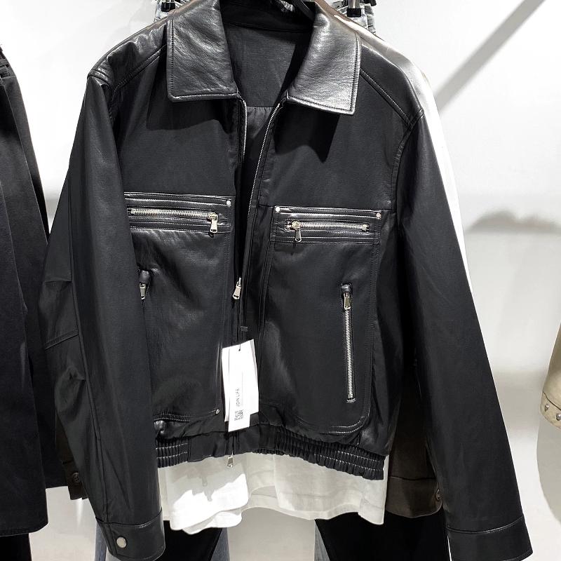 Veste de motard en simili cuir pour hommes, col à revers, fermeture éclair, noir, Punk, automne décontracté, multi-poches, manches longues, coupe