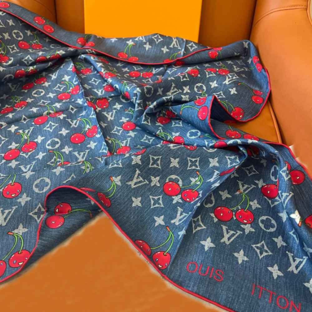 Scarves Cherry motif jacquard weave Women Slik Scarf Woman Printed embroidery Designer Shawls f Silk Winter Print Foulard Satin Square Head Scarves