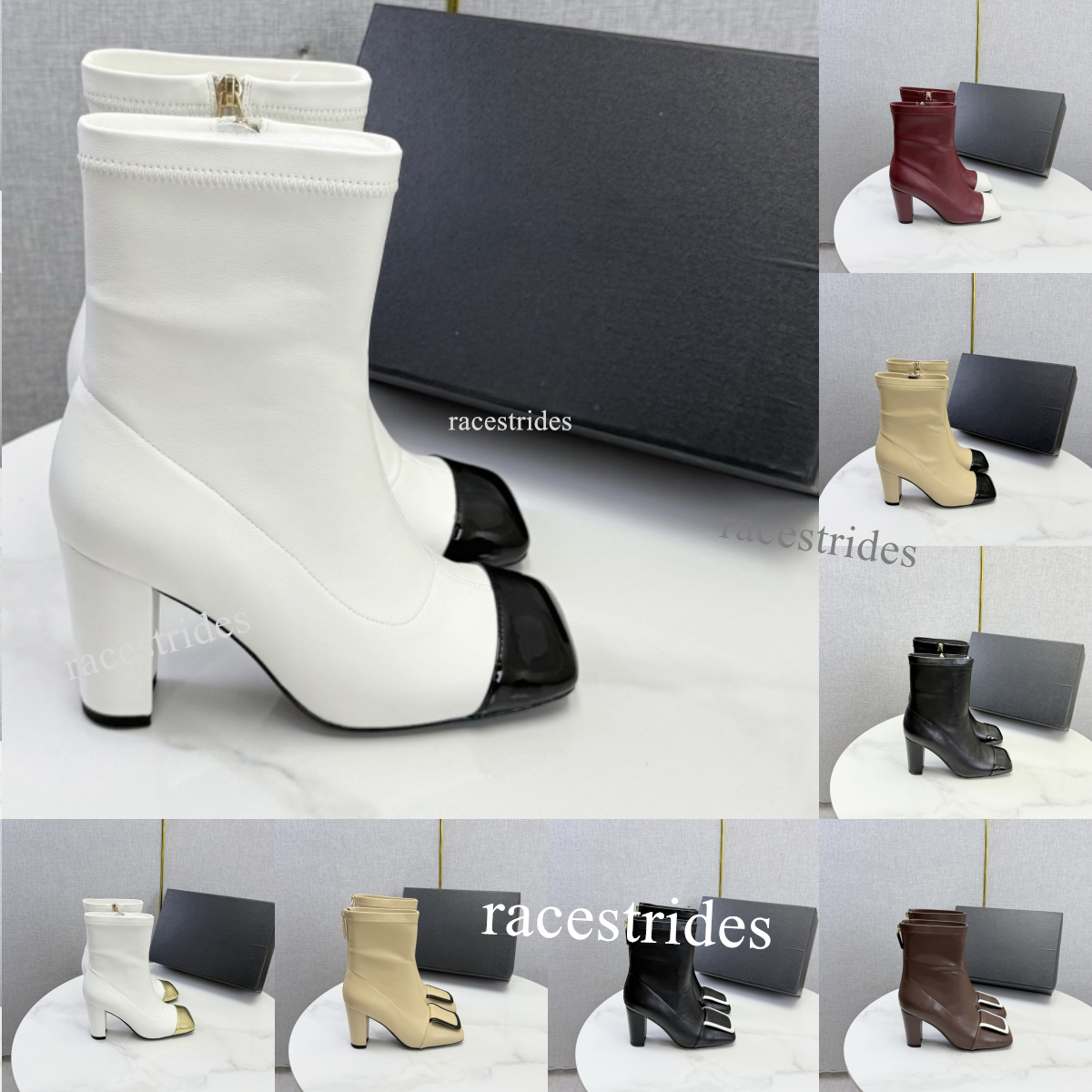Designer shoe Square Toes wide shaft straight metal buckle mid-length Ankle Boots heel trouser-style womens boot Winter women's booties suitabl