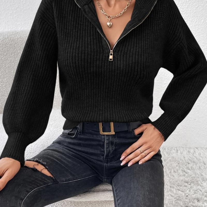 Pull Polo en tricot de couleur unie pour femmes, fermeture éclair, manches longues, ample, décontracté, haut pour automne et hiver 2025, usage qu
