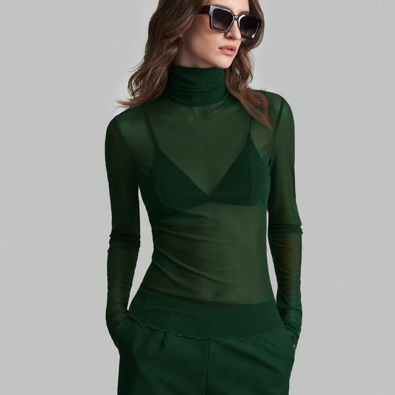 Women's Solid Color Mesh Slim Fit Long Sleeve Mock Neck Blouse Elegant Commute Office Top Autumn Winter