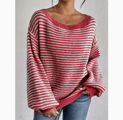 Designer High QualityWomen Striped Color Block Knit Sweater Off Shoulder Long Sleeve Pullover Top Casual Loose Fit Autumn Spring Jumper