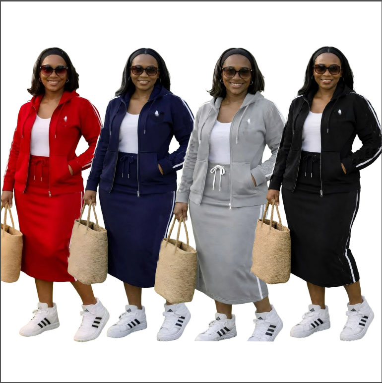new Women's hooded hoodies half dress set casual zipper cardigan jacket +drawstring wrapped hip dresses two-piece set