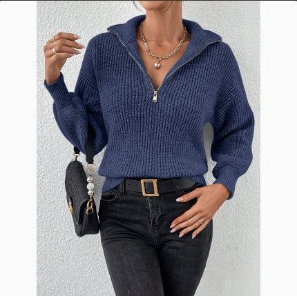 Designer Style High Quality Women's Solid Color Knit Polo Sweater Zip Up Long Sleeve Loose Casual Pullover Top for Fall Winter 2025 Daily Wear