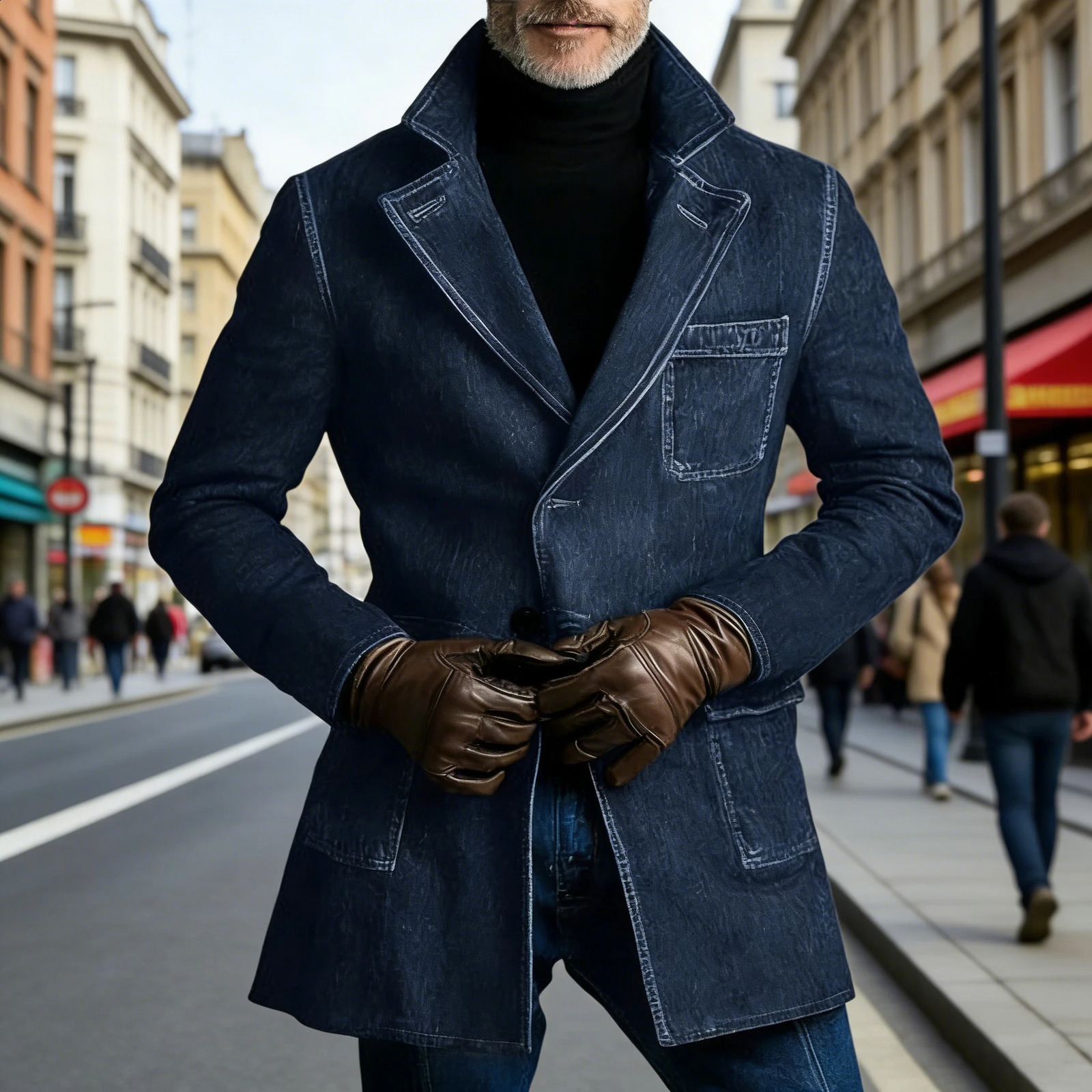 Vintage Men's Washed Denim Blazer MidLength Trench Suit Jacket Fashion Casual Lapel Overcoat for Business Party Daily Wear 260929