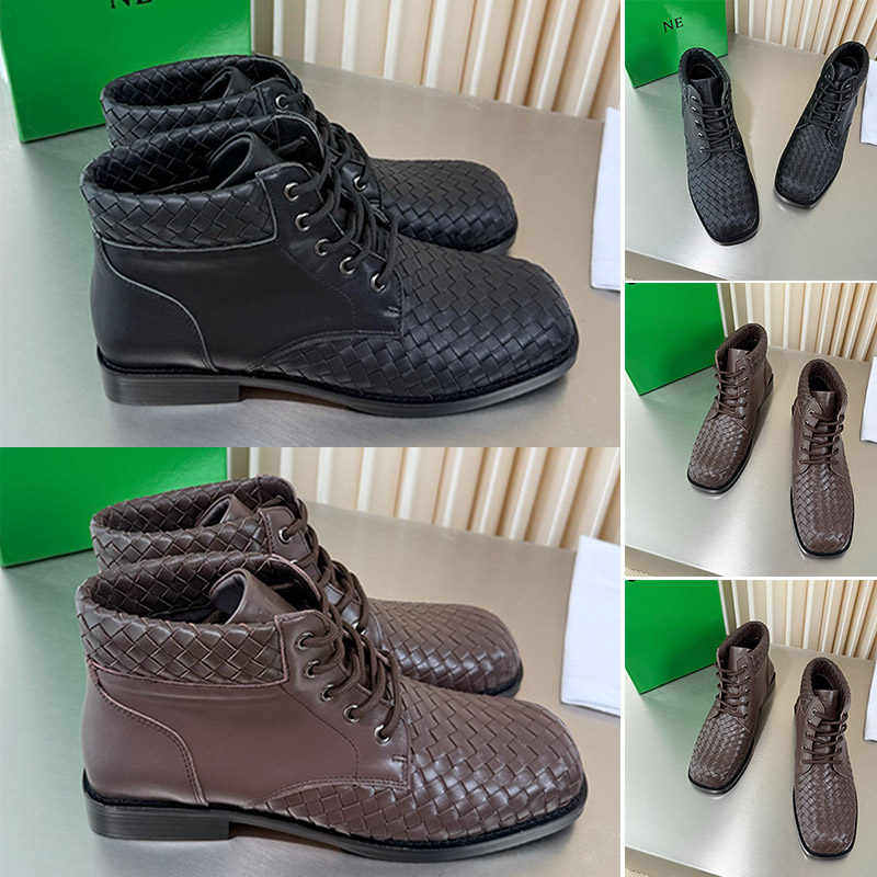 Designer Haddock Lace Up Ankle Boots Mens Woven Leather Motorcycle Boots Black Square Toe High Top Booties Handmade Braided Leather Winter Casual