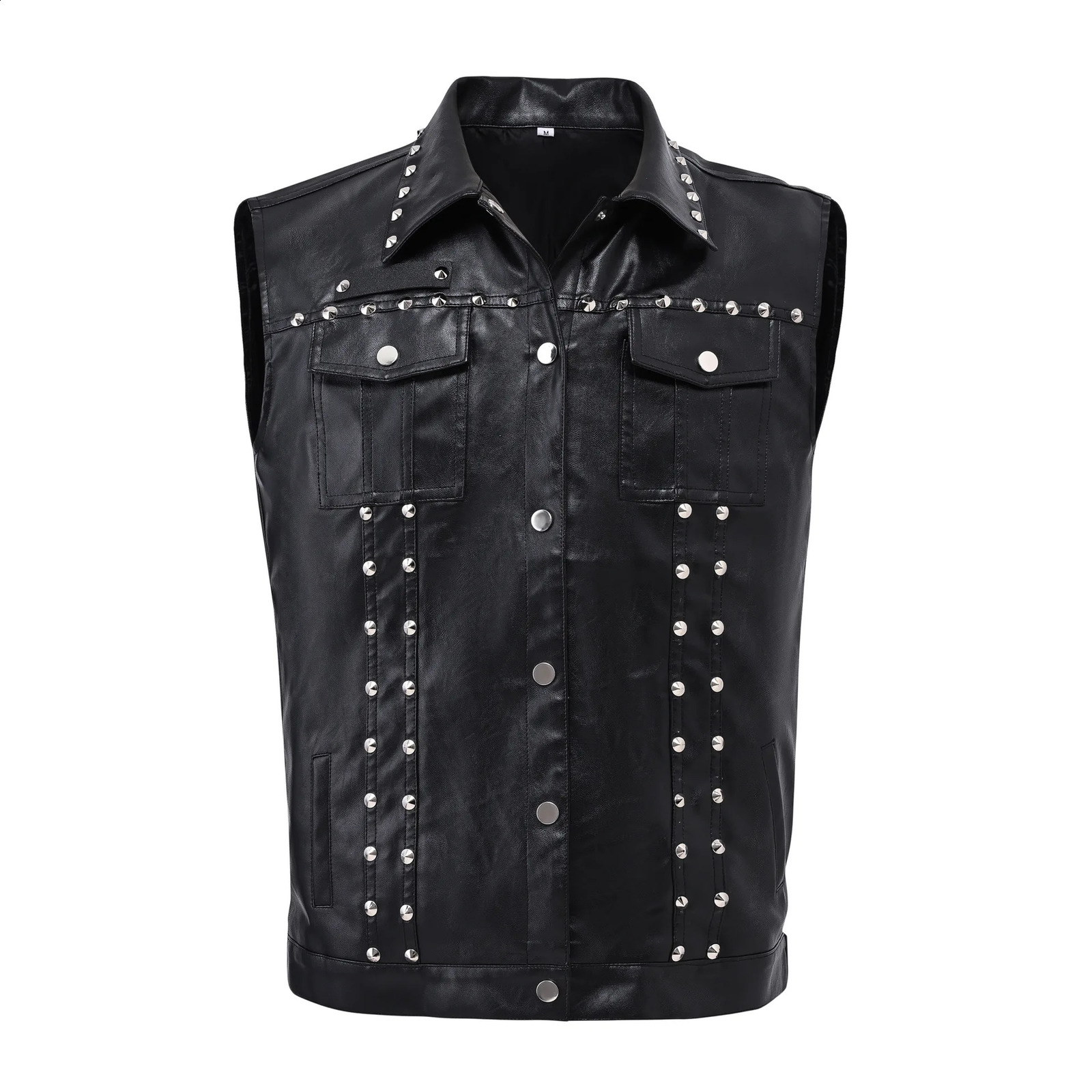 Men's Black Leather Vests Fashion Rivet Turn Down Collar Moto Biker Waistcoat Male Slim Fit Motorcycle Sleeveless Jacket Outwear 260929