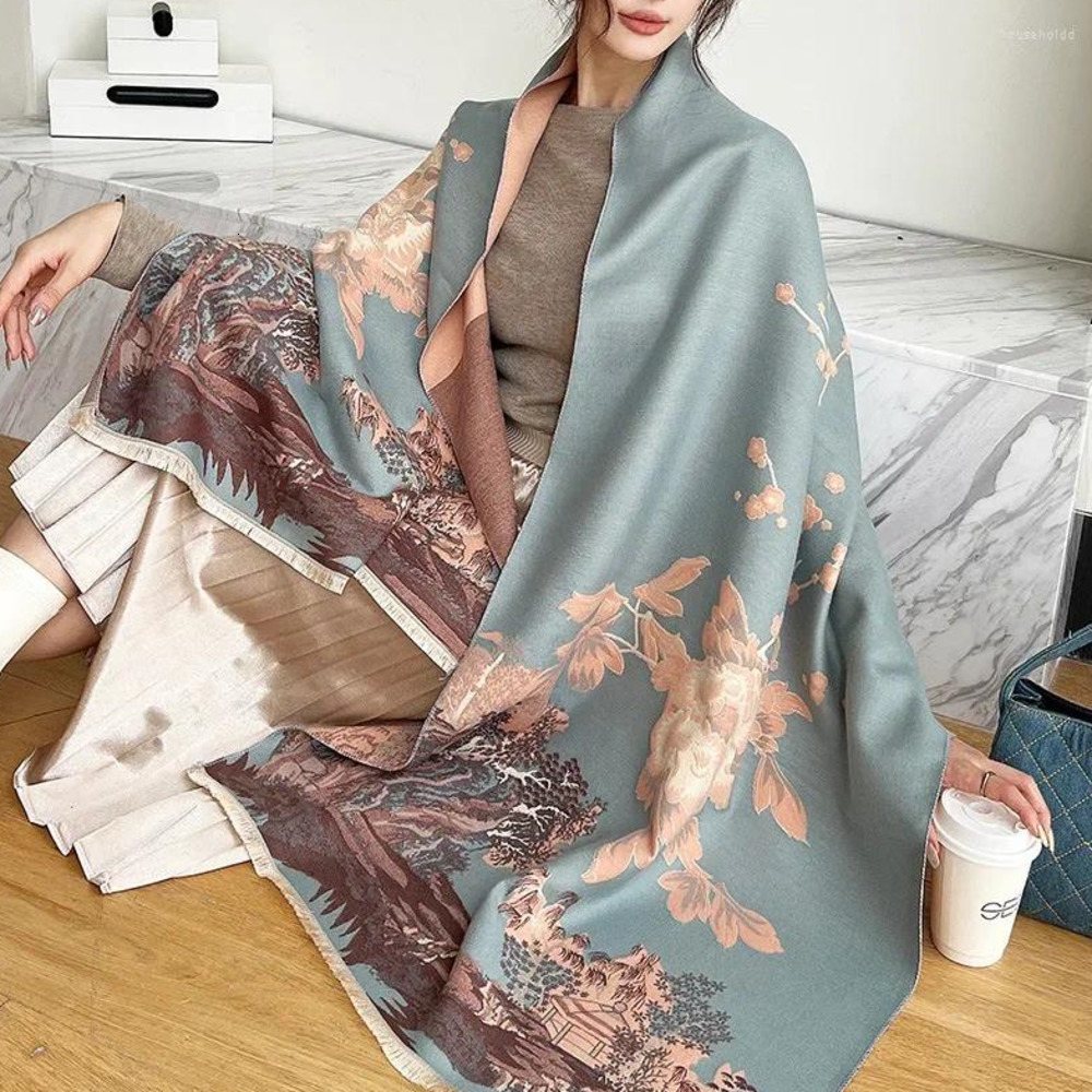 Scarves Luxury Fashion Floral Thick Blanket Winter Warm Scarf For Women Cashmere Shawl Wraps Pashmina Stoles Bufanda Female gift AA