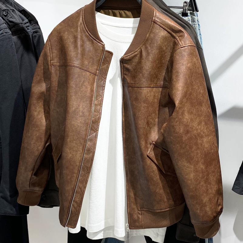 Blouson aviateur Vintage en simili cuir PU pour homme, manteau d'aviateur à fermeture éclair, coupe-vent, marron, vêtements d'extérieur d'automne