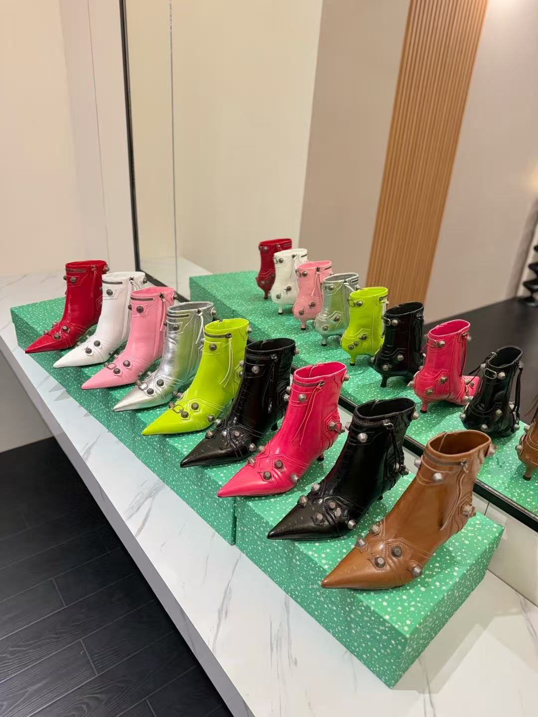 kitten heel woman designer boot point toe studded ankle silver green pink red luxury comfortable black white zipper strap buckle party street y2k me