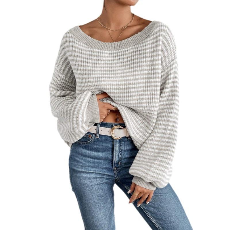 Designer Best-seller Femmes Rayé Couleur Bloc Pull En Tricot Hors Épaule À Manches Longues Pull Top Casual Coupe Ample Automne Printemps Jumper