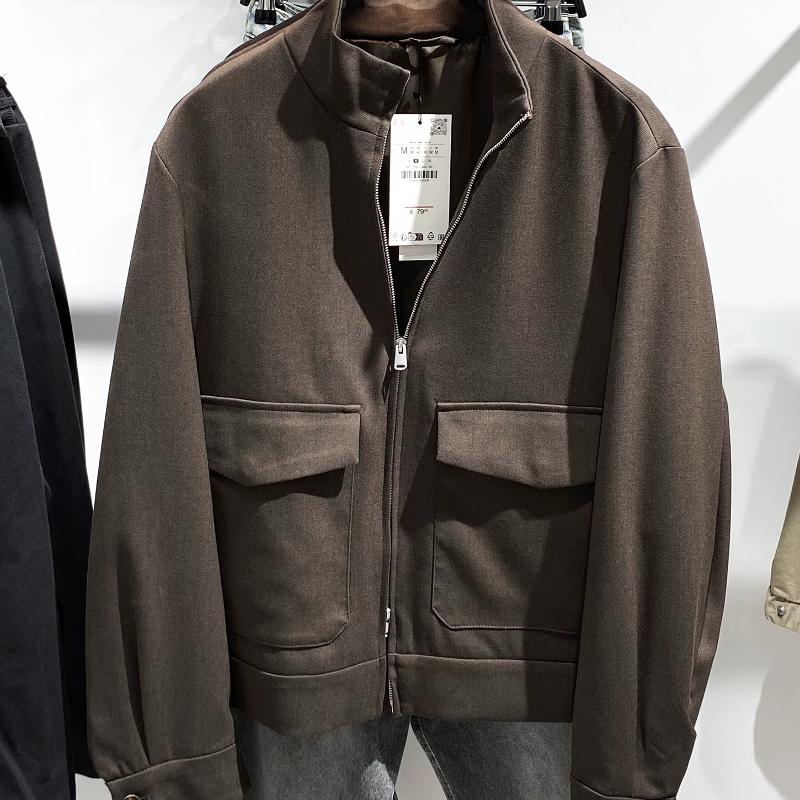 Veste de travail en mélange de laine pour hommes, Vintage, col montant, marron, coupe cintrée, manches longues, fermeture éclair, vêtements d'ext