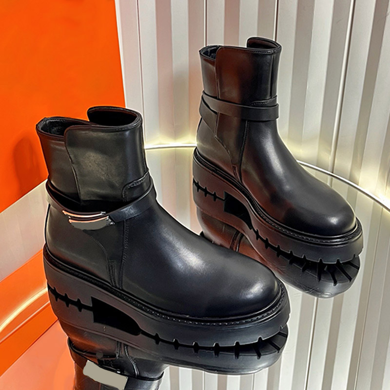 Jeff Ankle Boots Excellent Madam Designer Made Italy Black Calfskin Insole Lining Black Leather Welt Platform Snow Boots Fashion Street Walking Keep