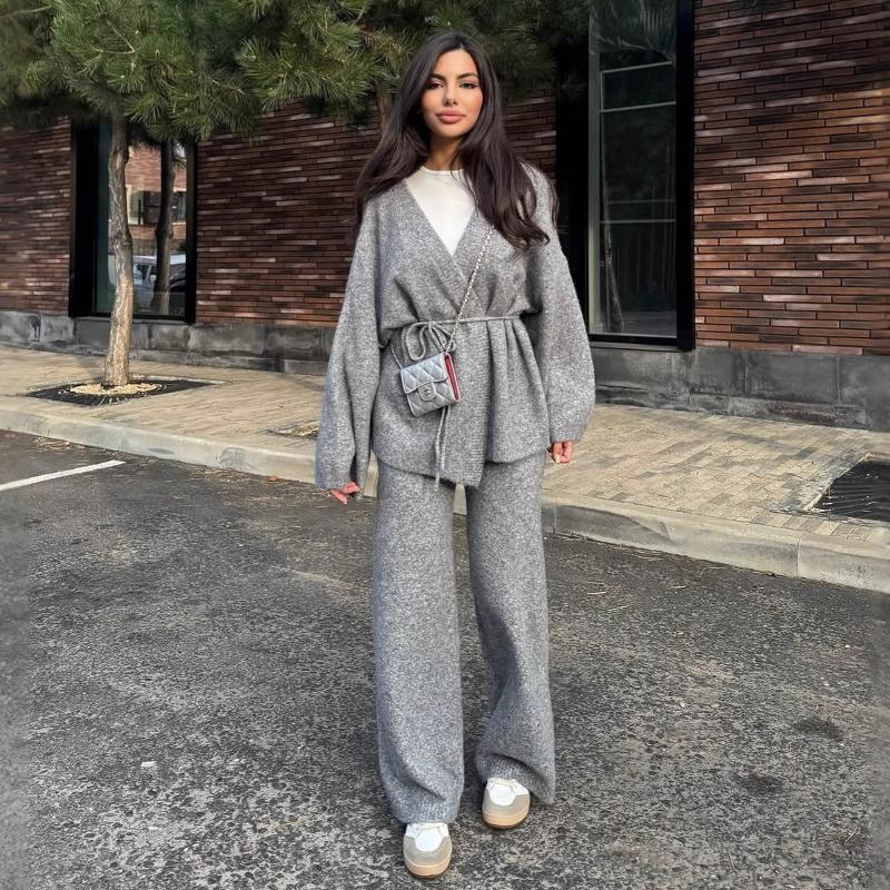 Ensemble deux pièces en tricot côtelé pour femmes, best-seller de styliste, pull à col en V, Cardigan, pantalon ample, décontracté, vêtements de