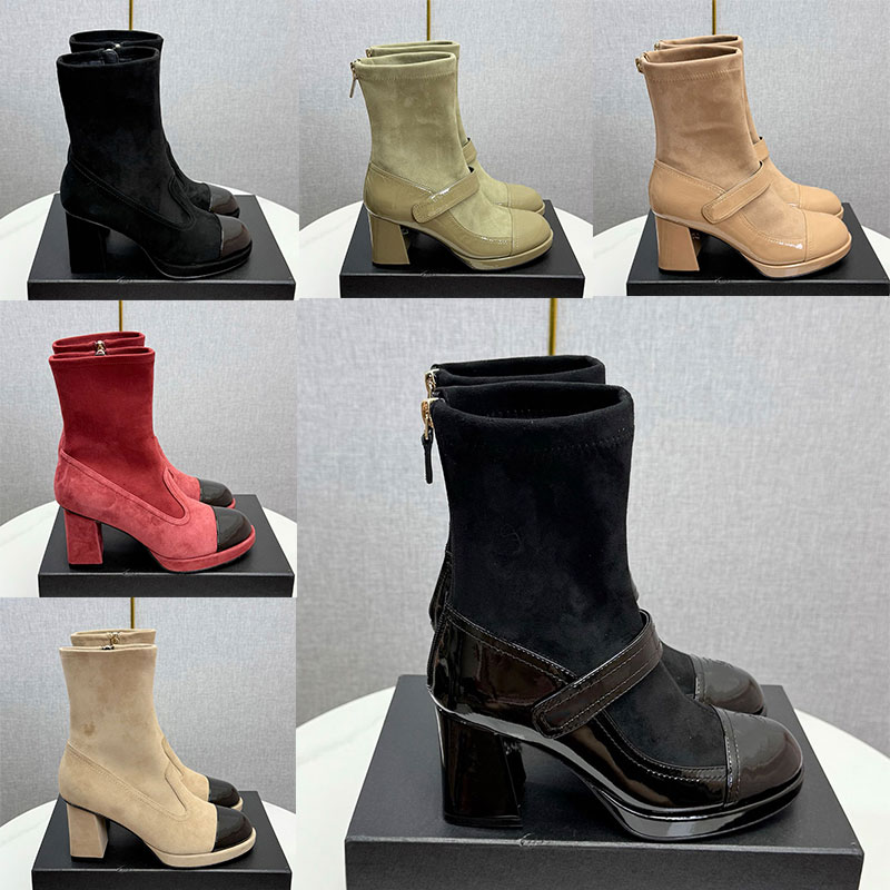 Ladies Ankle Boots Womens Back Zipper Ankle Boot Designer Runway Piece Elastic Boots Sheepskin Lining Chunky Heel Bootie Suede Classic Leather Outso