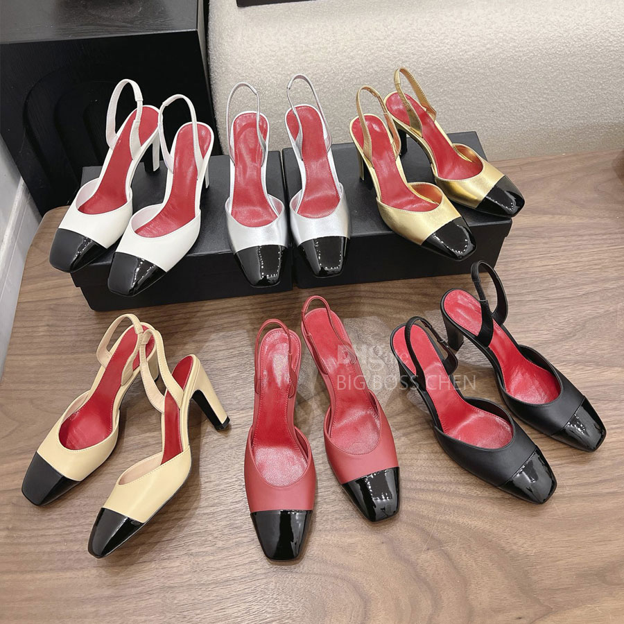 top Quality Classic Square-toe real leather Kitten heels Slingback Sandals pumps heels Dress shoes Women's luxury designers Sandals womens Wedd