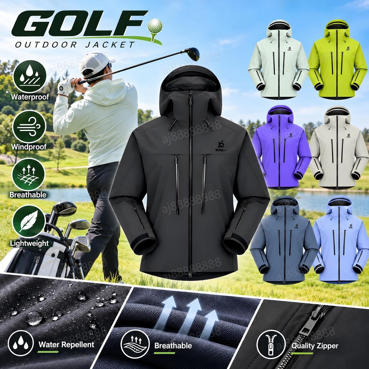 Kailasiy Veste de golf unisexe imperméable, coupe-vent, respirante, à capuche, fermeture éclair complète, pour sports de plein air, vêtements d'e