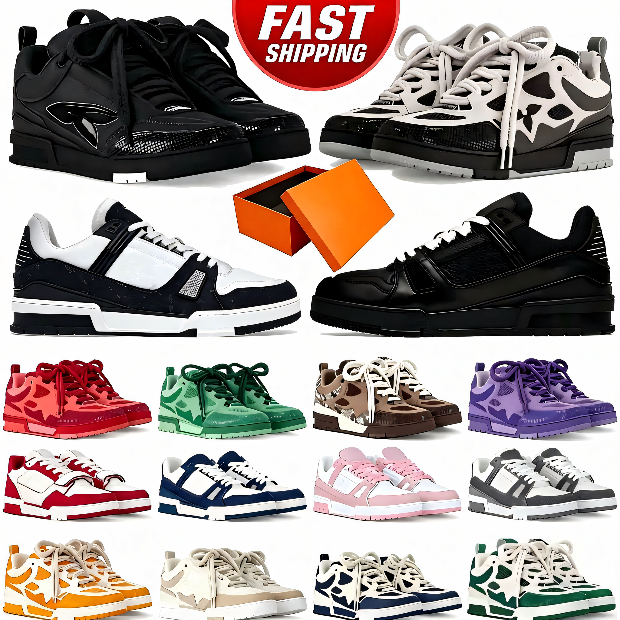 With box Skates Sneakers Trainers Luxury Platform Casual Shoes High Quality Men Women Breathable Calfskin Flower Embossing Outdoor Shoe Leather Lace