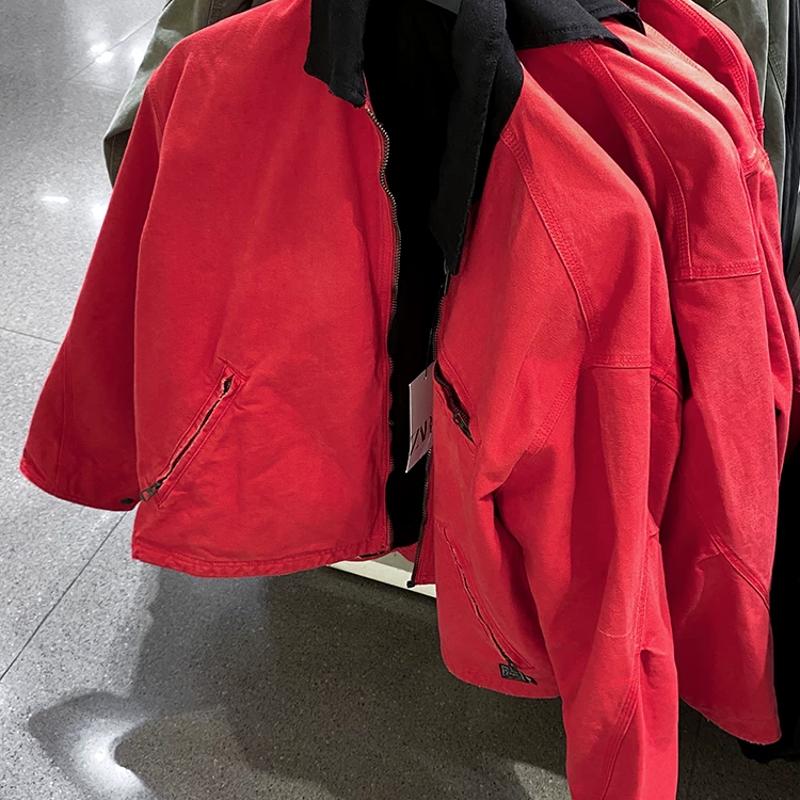 Designer Men's Washed Cotton Work Jacket Lapel Collar Zip Up Loose Fit Red Casual Autumn Winter Outerwear American Workwear Multi Pockets