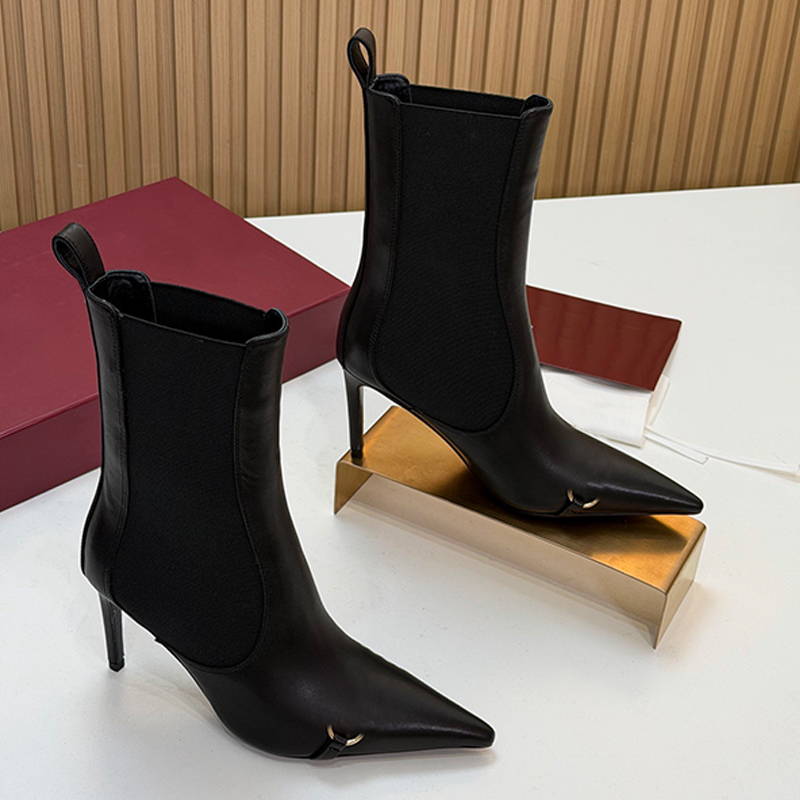 Womens Donna Booties Designer Gold Toned Hardware Horsebit Stiletto Heel Ankle Boots Luxury Elastic Insert Point Toe Mid Heel Short Boots Leather Li