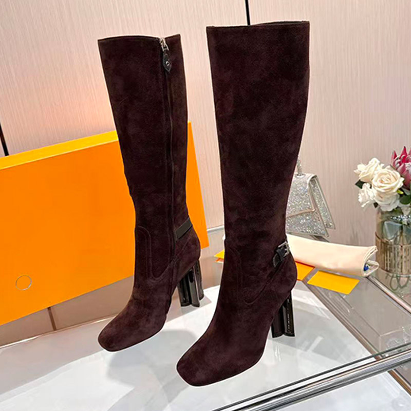 Womens Silhouette High Boots Elegant Style Velvety Suede Calf Leather Monogram Flower Heel Decorative Belt Ladies Classic Style Long Boots