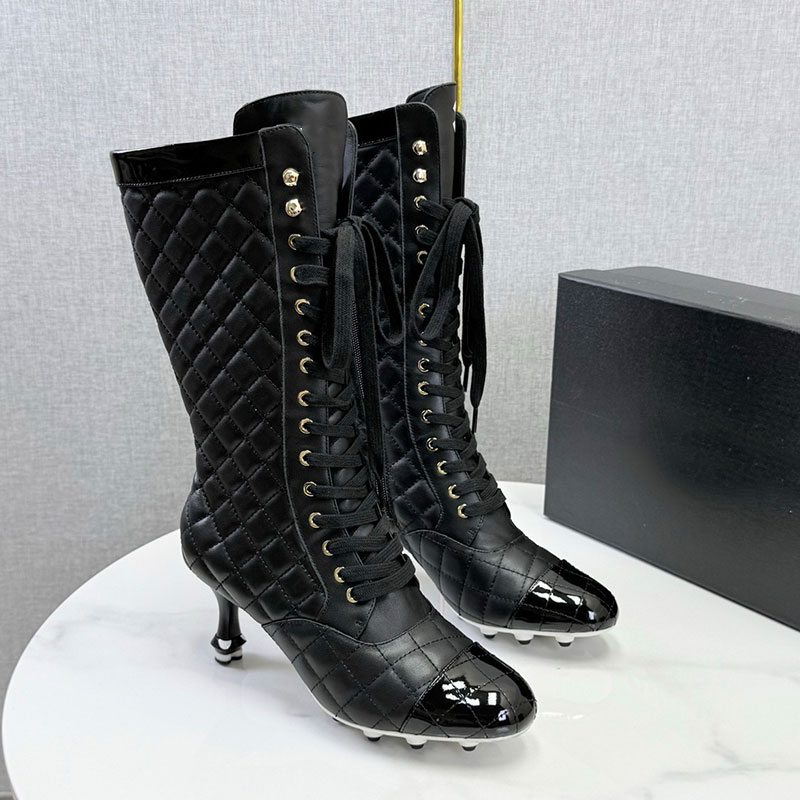 Ladies Half Boots Womens Diamond Grid Zipper Boot Designer Calfskin Fashion Boots Lace Kitten Heel Leather Boot Luxury Brand Anti Slip Bean Rubber O