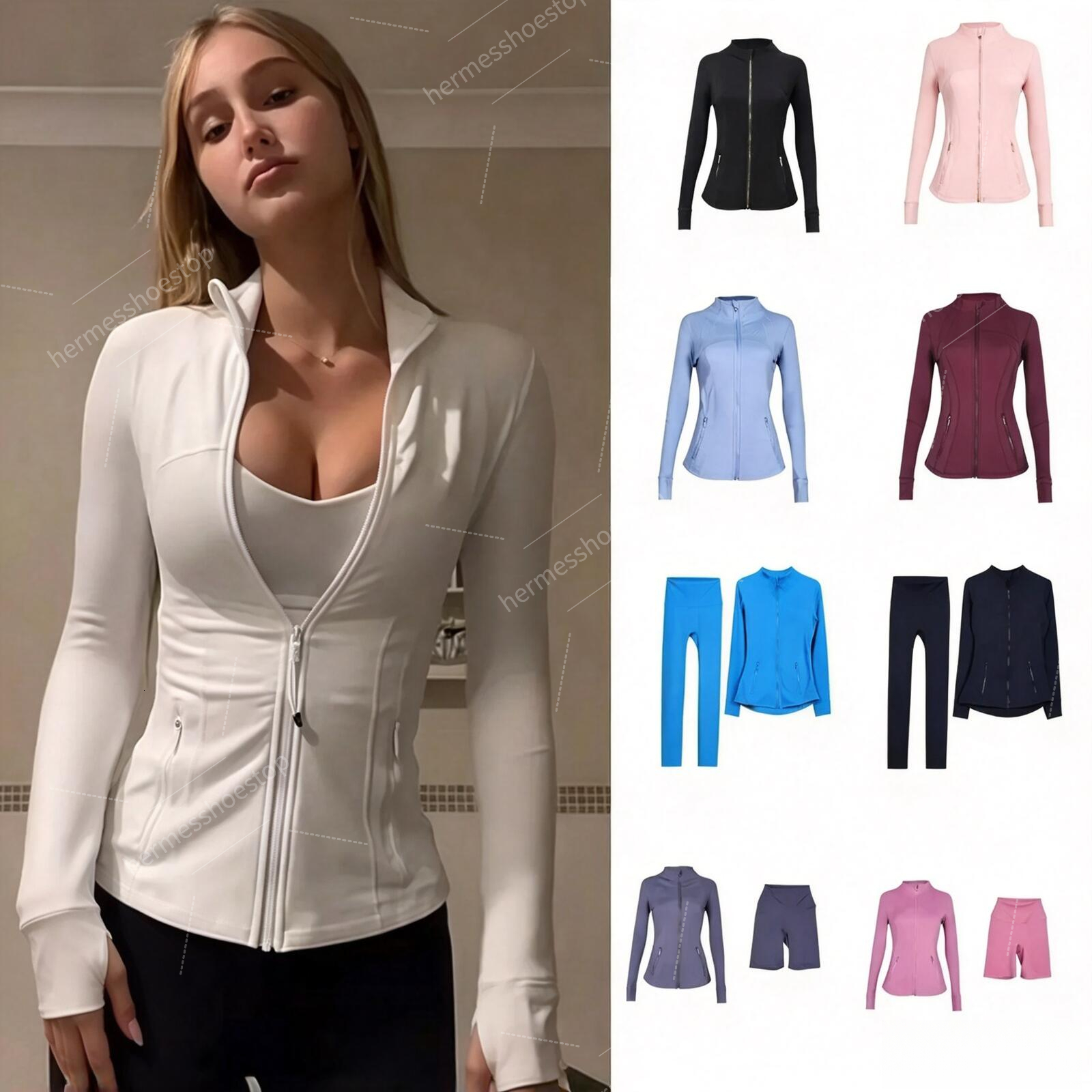 Cropped Full Length Gold Zip Yoga Shorts Leggings Workout Sets Gym Clothing Sports Fitness Jacket Pant Set Outdoor Recreation Women set Daliy Wear O