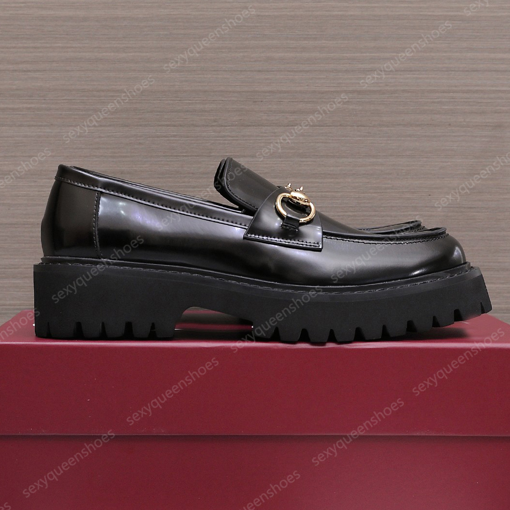 Top quality brand platform heel loafers women leather luxury designer dress shoes casual suede thick soled metal buckle decoration party travel shoe