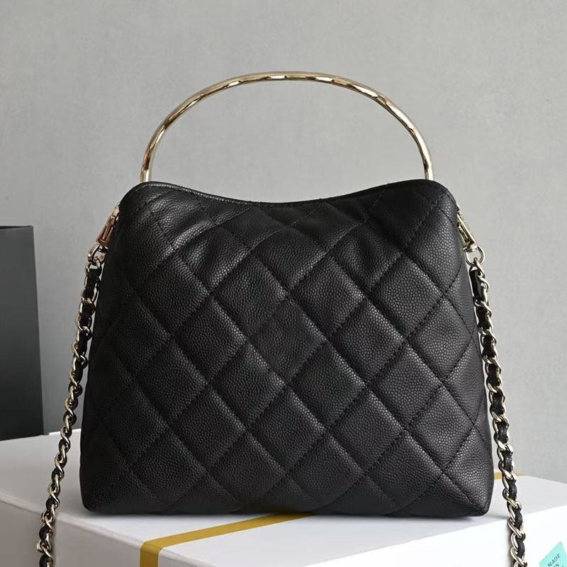 women's hobo bag Handbag wearing bag Black Caviar Leather Diamond Quilted party Tote Bag Metal Ring Handle Interwoven Chain Crossbody bag datin