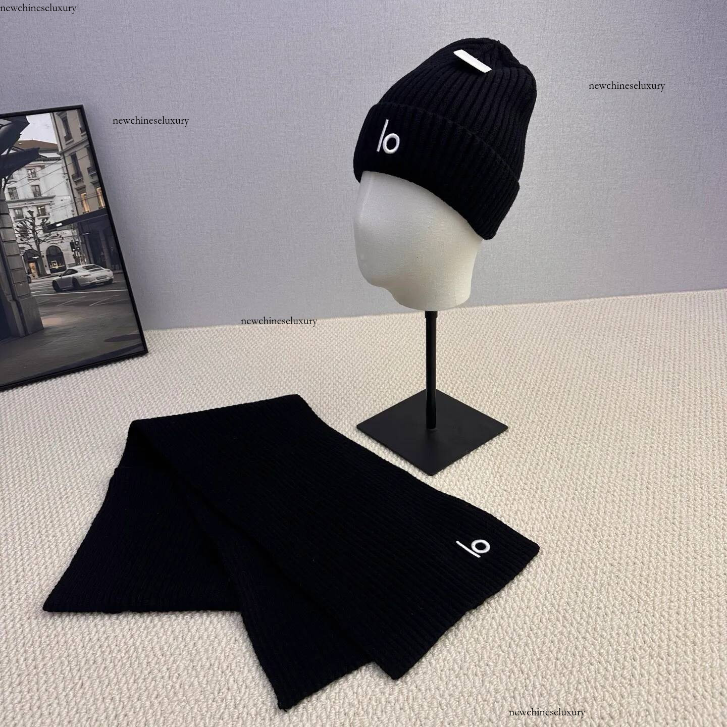 Bonnet tricoté côtelé d'hiver avec lettres brodées, bonnet en laine chaude de luxe, solide, classique, chapeau d'extérieur, ensemble écharpe pour